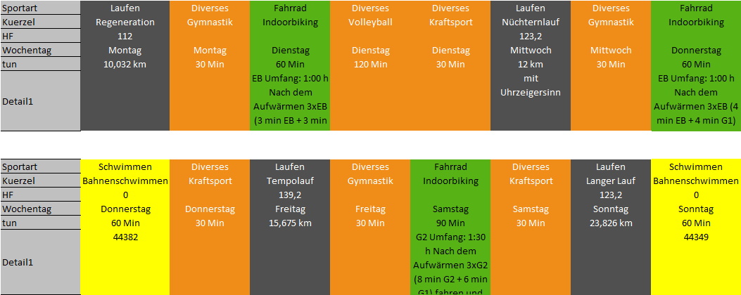 Trainingskalender vergangene Woche